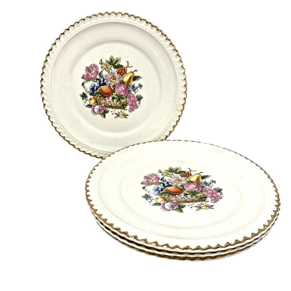 Vintage Mid Century Ambrosia China dessert plates 22kt gold trim floral set of 4